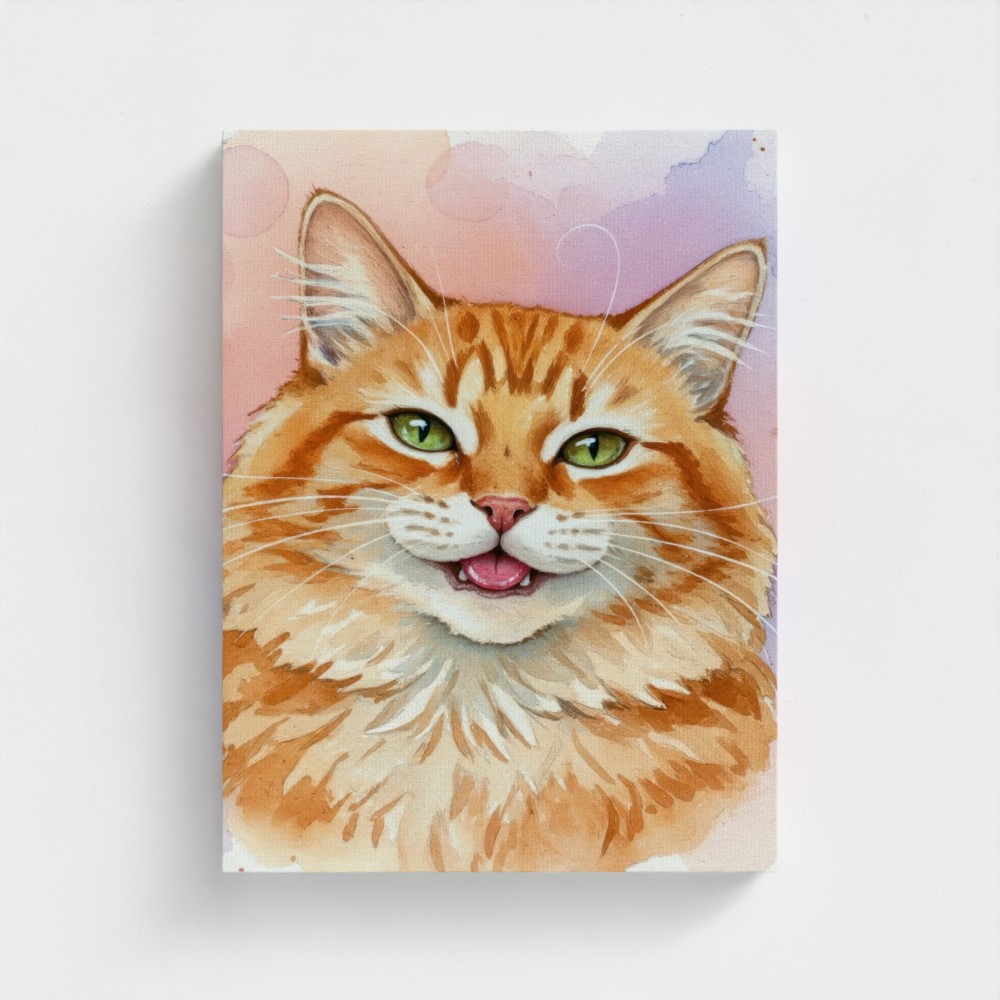 Silly Cat – Watercolor Orange Tabby Cat Portrait Canvas Wall Art