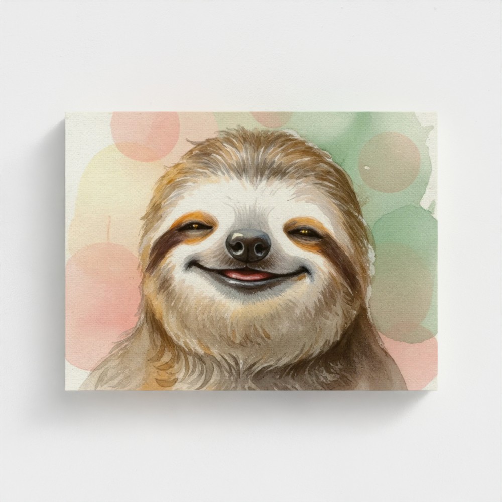 Smiling Sloth – Watercolor Wildlife Portrait Canvas Wall Art