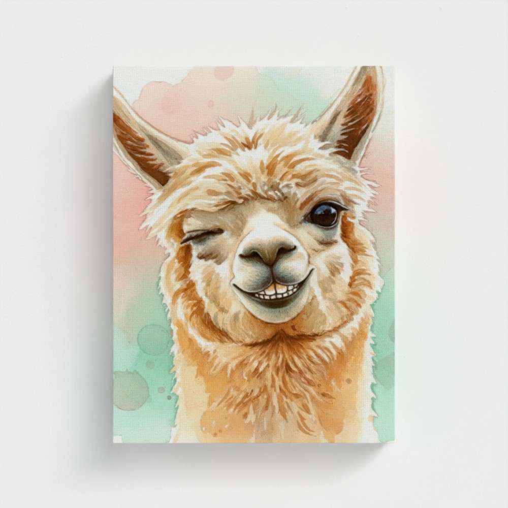 Winking Alpaca – Watercolor Animal Portrait Canvas Wall Art